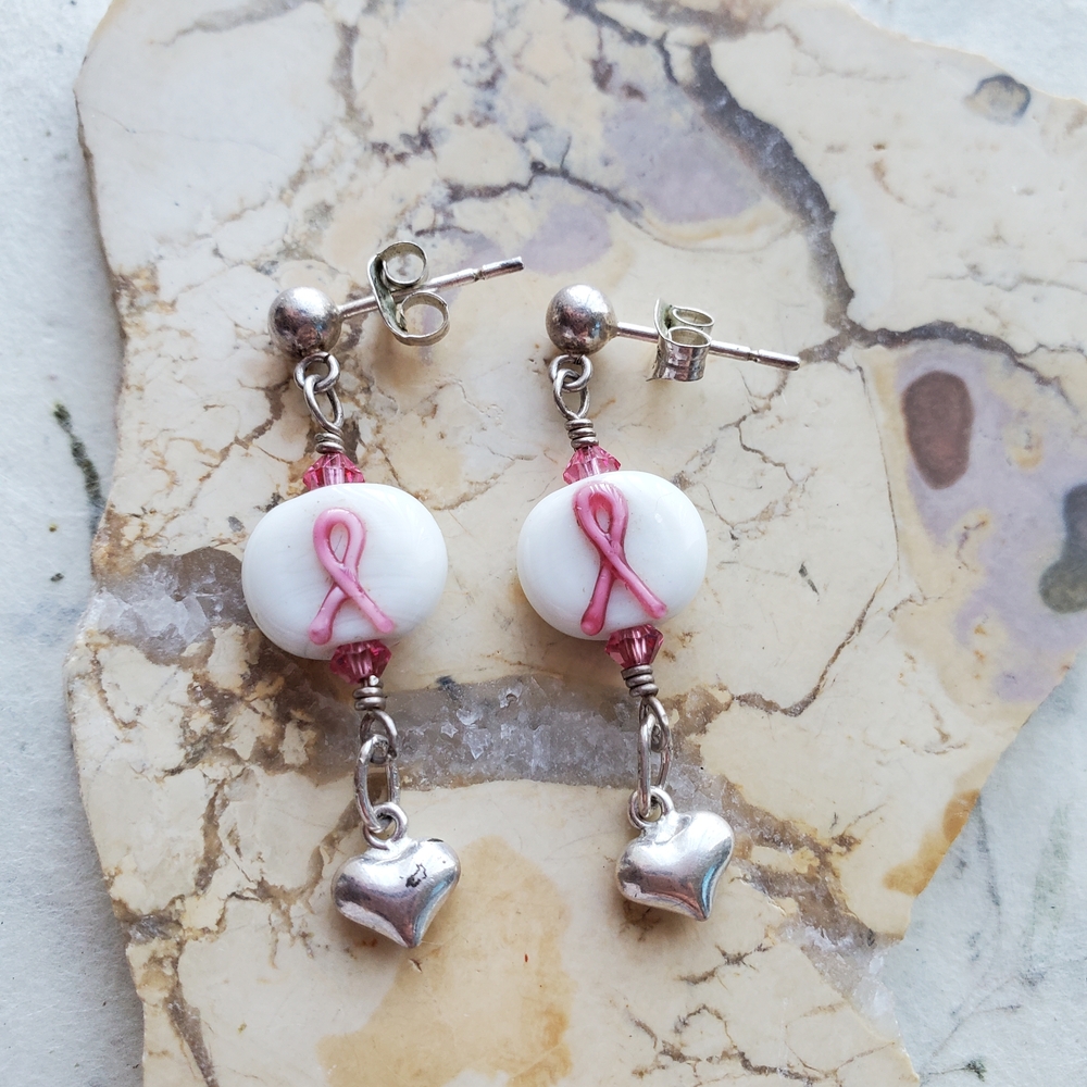 Sterling Silver 925 Pink Ribbon Heart Drop Earrings